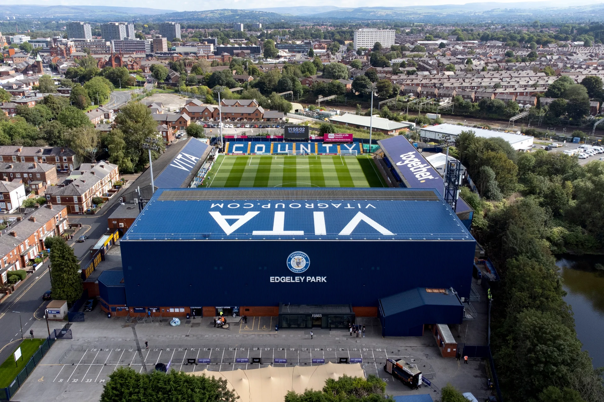 Aerial view of Stockport County's Edgeley Park stadium on a match day